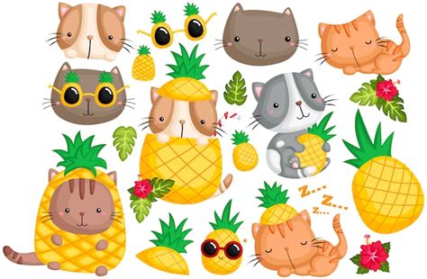 Premium Vector | Pineapple cat vector set