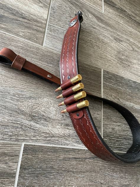 Hand-tooled Leather Rifle Sling with Bullet Loops, Finished in Gray, Black, or Brown