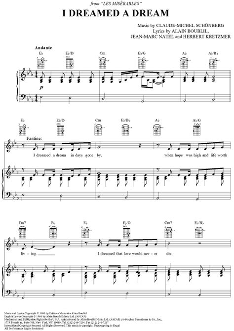 "I Dreamed A Dream (J'avais Rêvé)" Sheet Music from 'Les Miserables ...