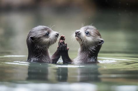 Pair of Baby Otters Holding Hands while Floating on Tranquil Pond Stock ...