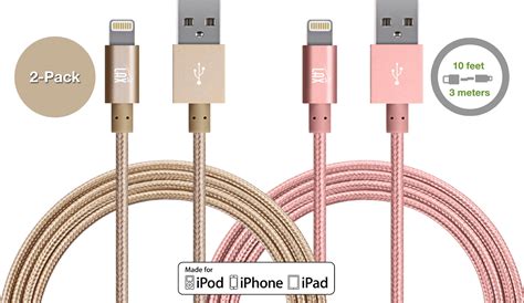 [2 Pack] LAX 10ft Long Apple MFi Certified iPhone Chargers Cord - Durable Braided Lightning ...