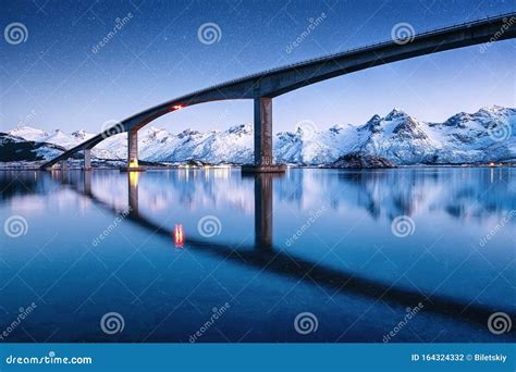 Bridge, Water and Night Sky with Stars. Reflection on the Water Surface. Natural Landscape in ...