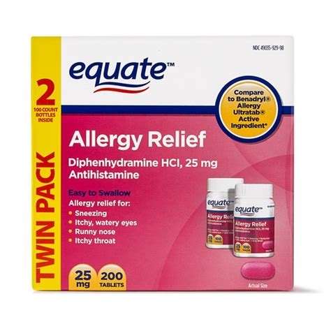 Equate Allergy Relief Diphenhydramine Tablets 25mg, 2x100 Ct - Walmart.com - Walmart.com