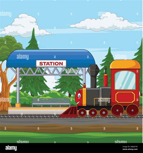 Cartoon train with railway station in the village Stock Vector Image & Art - Alamy