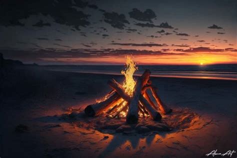 Campfire on the Beach at Evening Sunset Graphic by Alone Art · Creative ...