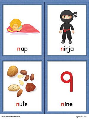 Letter N Words and Pictures Printable Cards: Nap, Ninja, Nuts, Nine (Color) | MyTeachingStation.com