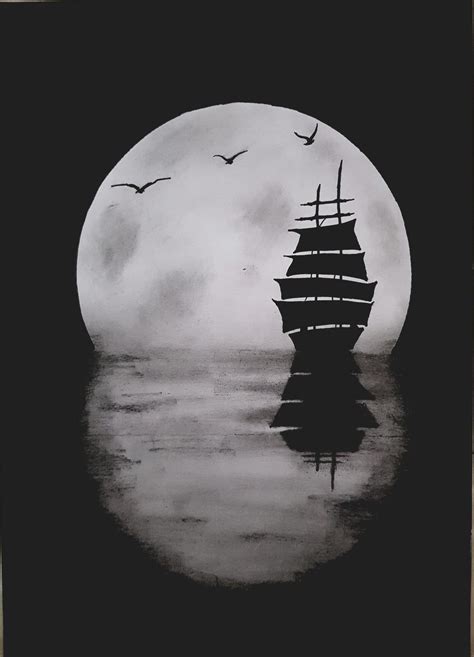boat in seat at night birds and moon | Landscape pencil drawings, Art drawings sketches pencil ...
