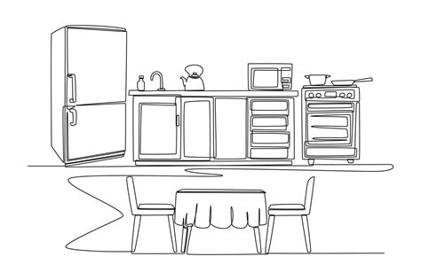 Single one-line drawing simple design of kitchen space for the family. Kitchen room concept ...