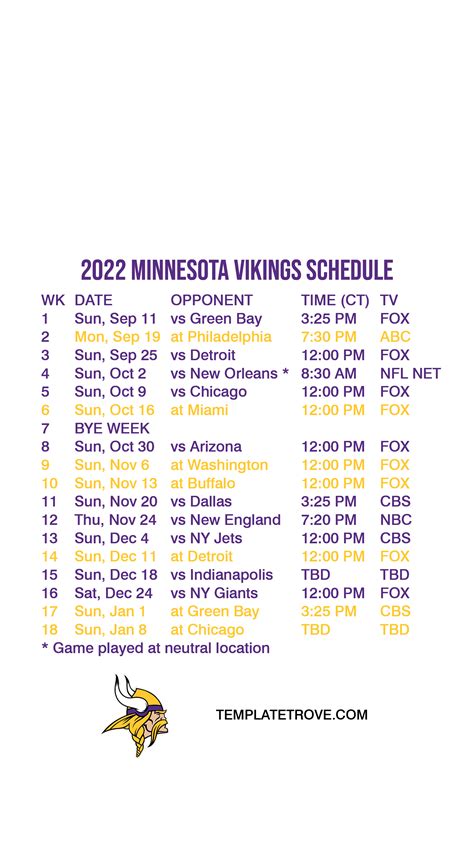 Vikings Printable Schedule