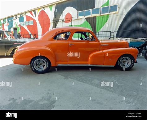 Old orange Chevrolet Chevy Fleetmaster coupe 1947 two door classic car ...