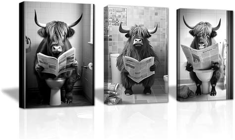 Amazon.com: LZIMU Funny Bathroom Wall Art 3 Panel Highland Cow Sitting ...