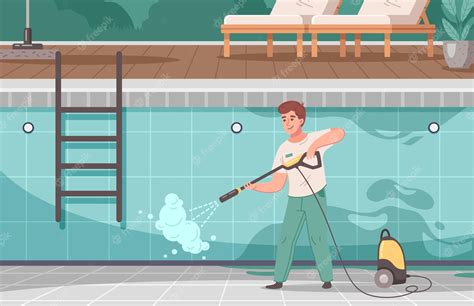 Premium Vector | Swimming pool service cartoon background with male character cleaning walls and ...