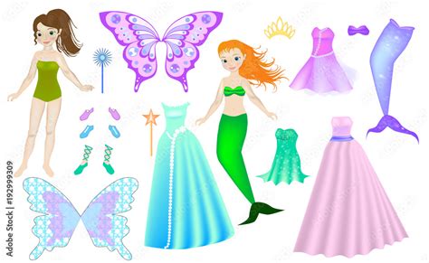 Game for girls paper doll. Dress up paper doll - Mermaid & Fairy. Clothing set collection. Body ...