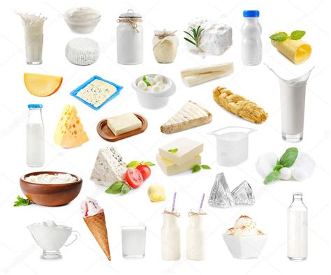 Different types of dairy products on white background. Dairy food collage. Stock Photo by ...