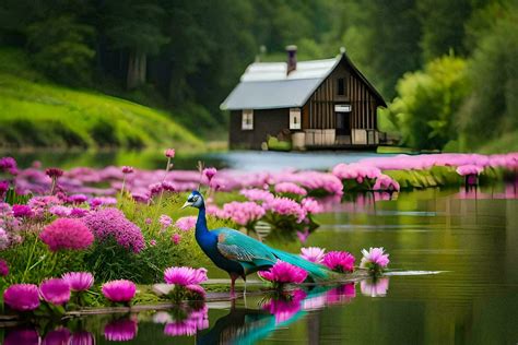 beautiful peacock in the water, flowers, house, nature, wallpaper, hd ...