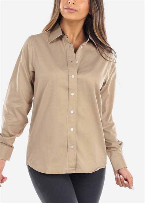 Moda Xpress - Womens Button Down Shirt Long Sleeve Career Wear Khaki Shirt 41416E - Walmart.com ...