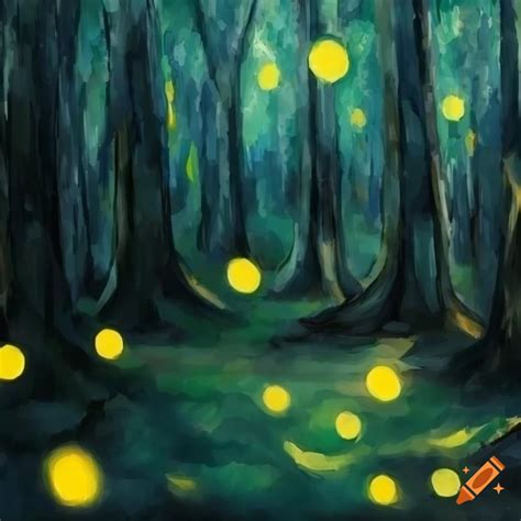 Painting of a dark forest with fireflies