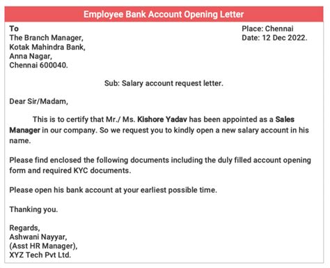 Employee Salary Bank Account Opening Letters [Word Format]