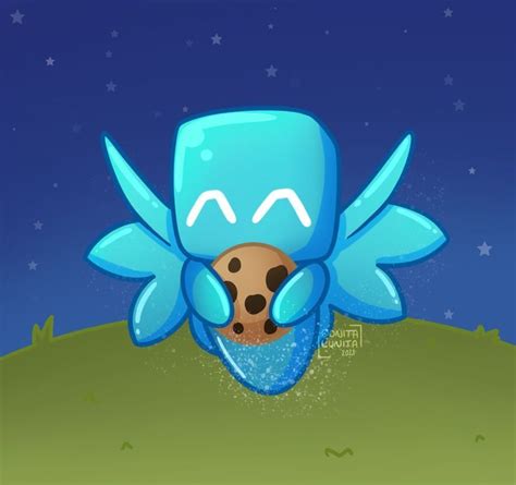 a blue bird with a cookie in its mouth and stars on the sky behind it