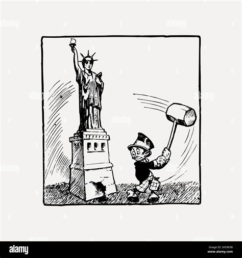 Breaking the statue of liberty drawing, USA political satire cartoon ...