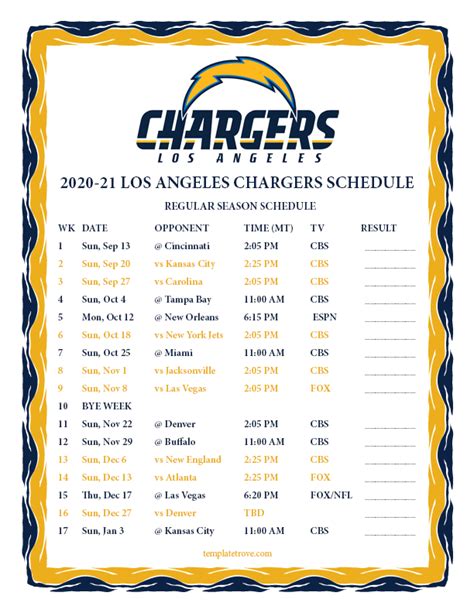 Printable 2020-2021 Los Angeles Chargers Schedule