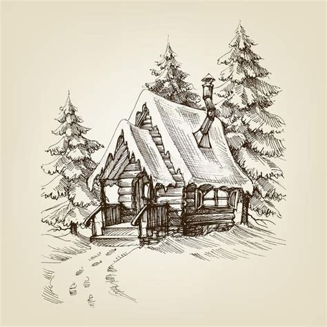 Winter Cabin Exterior with Pine Trees