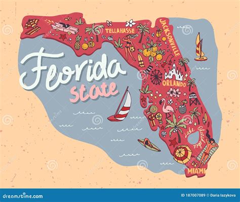 An Illustrated Map Of Florida With Destinations Vector Illustration ...