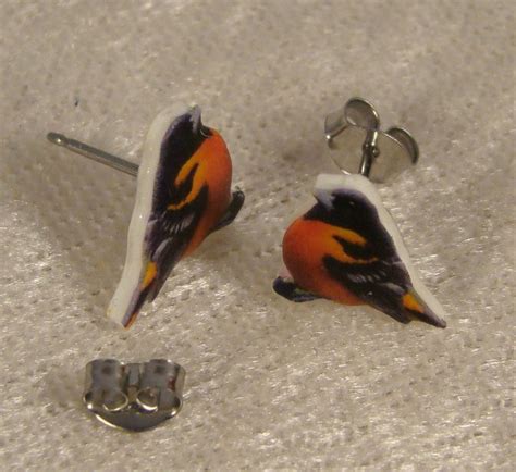 Oriole Stud earrings - colorful Bird jewelry - Orange and black accessories