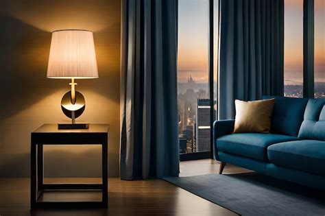 Premium Photo | A room with a lamp and a blue couch with a lamp on the table.