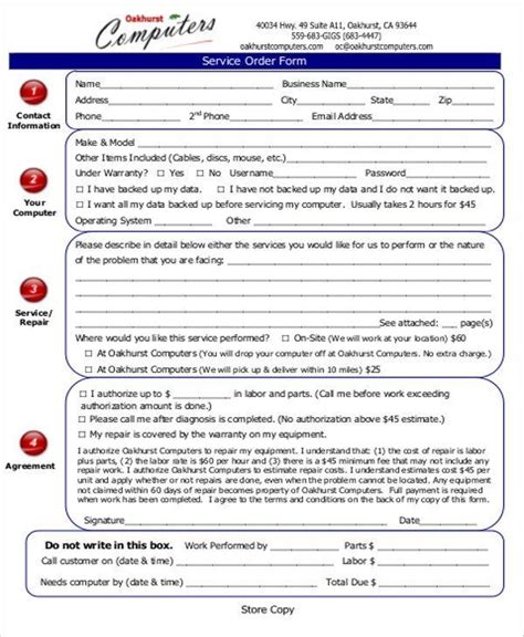 Computer Repair forms Template Elegant Free Sample Work order form 9 Examples In Word Pdf in ...