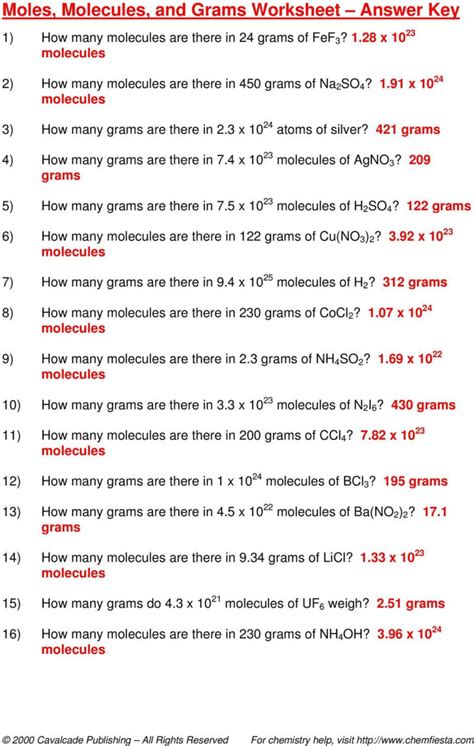 Moles Molecules And Grams Worksheet