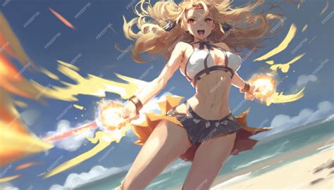 Premium AI Image | anime girl with fire in her hand on the beach ...