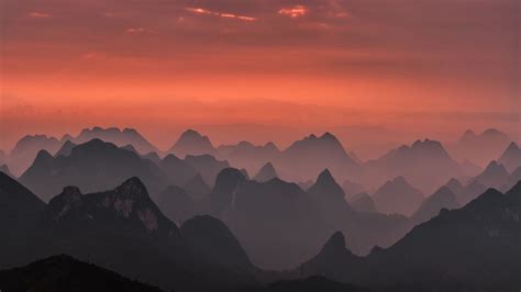 nature, Landscape, Sunrise, Mountains, Mist, Pink, Sky, Guilin ...