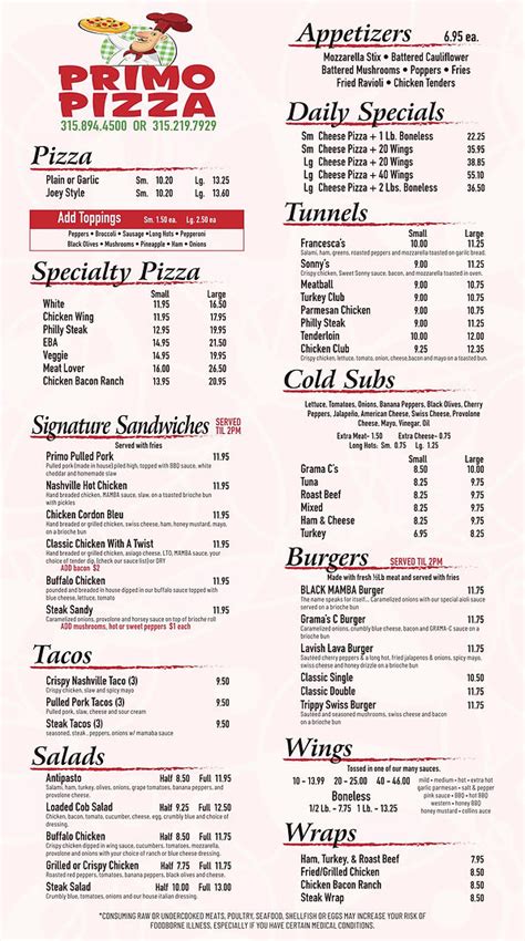 Menu | Primo Pizzeria / Cacciatore's Restaurant and Banquet Hall