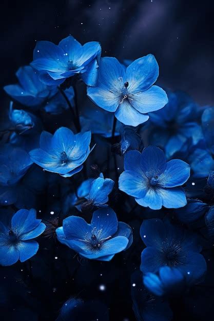 Blue flowers against dark background in the style of calming and ...