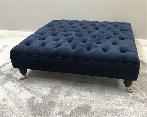 Extra Large Chesterfield Footstool - Plush Velvet Indigo - Navy Deep Buttoned Ottoman - Coffee ...