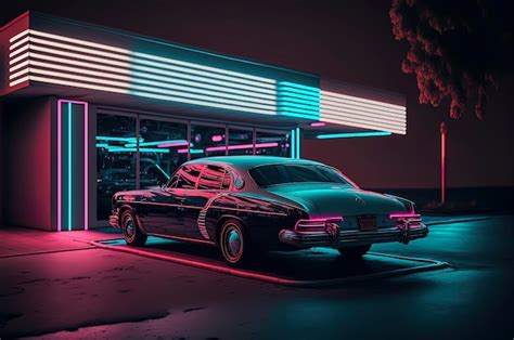 Premium Photo | Vintage car parked neon lights on the scene