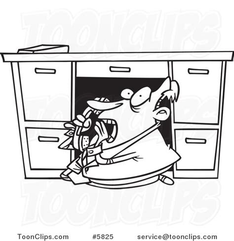 Cartoon Black and White Line Drawing of a Business Man Hiding Under His ...