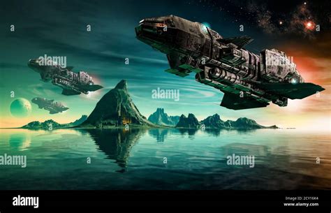 Futuristic sciFi battle space ships hover over an acid ocean of an ...