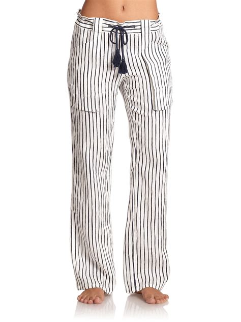 Tory Burch Striped Linen Drawstring Beach Pants in Blue | Lyst