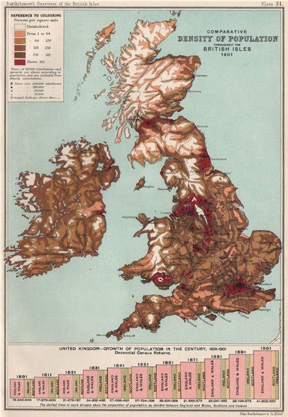 BRITISH ISLES. Population density in 1901. BARTHOLOMEW 1904 old antique map