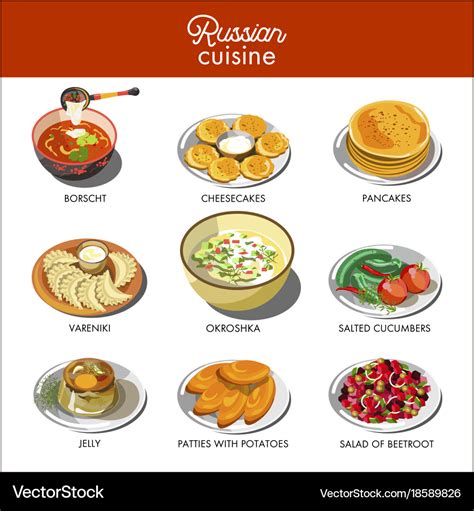 Russian cuisine traditional food dishes Royalty Free Vector