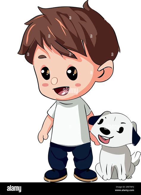 Happy Boy and His Dog - Cute Cartoon Vector Illustration.A young boy is ...