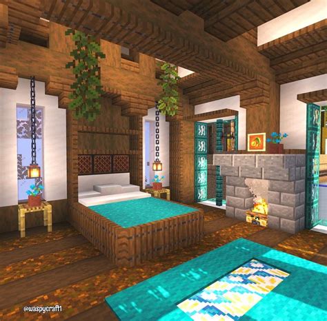 a bedroom in minecraft with a fireplace and bed