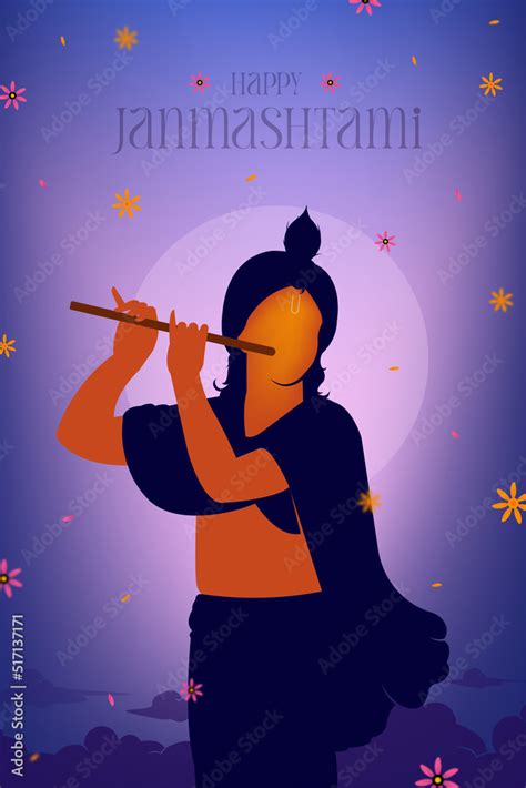 Happy Janmashtami text with Lord Krishna playing flute vector illustration, and the Indian ...