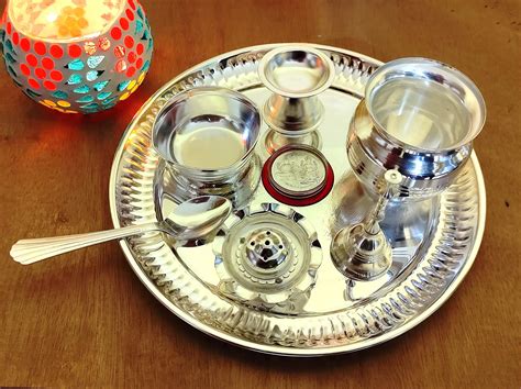 NOBILITY Premium Silver Plated Puja Thali Set 08 Inch with German Silver Coin Pooja Thali Set ...