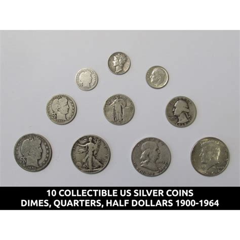 10 Old US silver coins collection - half dollars, quarters, and dimes from 1900-1964 - 90% silver