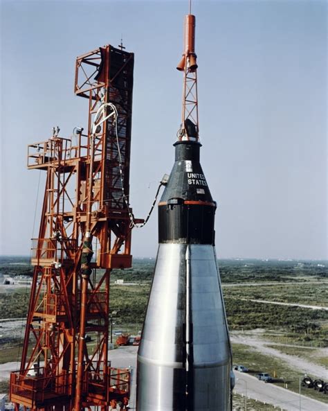 The unmanned Mercury-Atlas capsule sits atop its Atlas launch vehicle ...