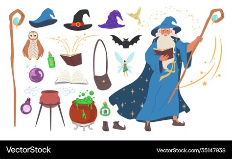 Wizard magician warlock witch tools set flat Vector Image