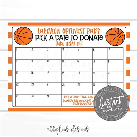 EDITABLE Basketball Pick a Date to Donate Printable - Etsy UK